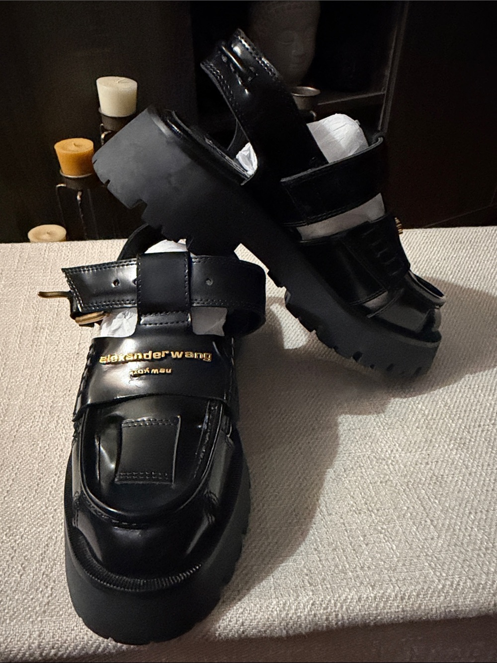 Alexander Wang Women’s Black Glossy Lug-Strap Sandals/Loafers with Gold Logo